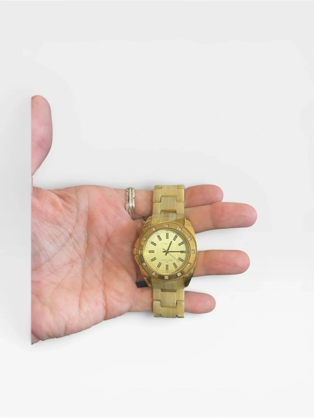 Anne Klein Gold Tone & Cream Resin Link Watch with Crystal Accents
